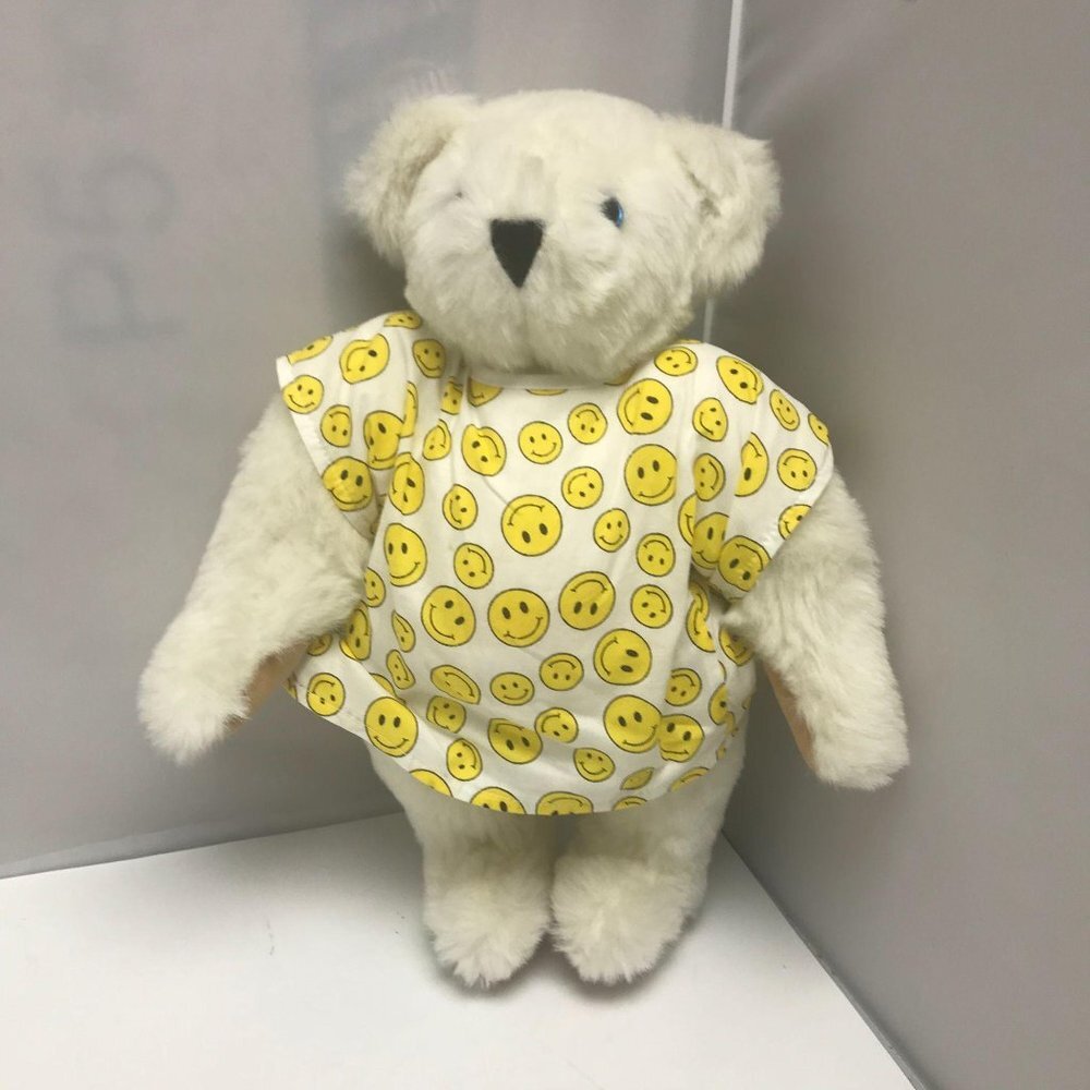 Vermont Teddy Bear Get Well Smiley Face Hospital Gown White Bear Plush 15"